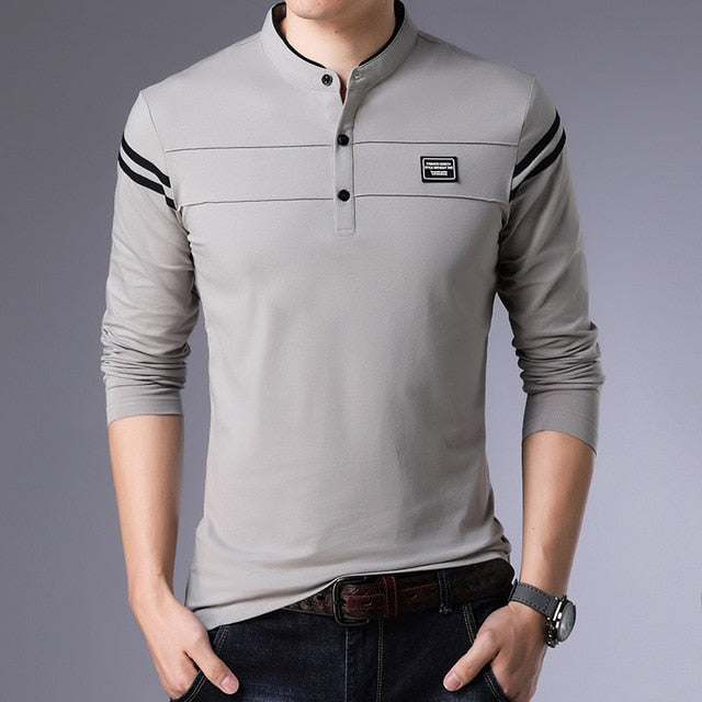 Korean Striped Slim Fit Long Sleeve Polo Shirt-men-wanahavit-Gray-M-wanahavit