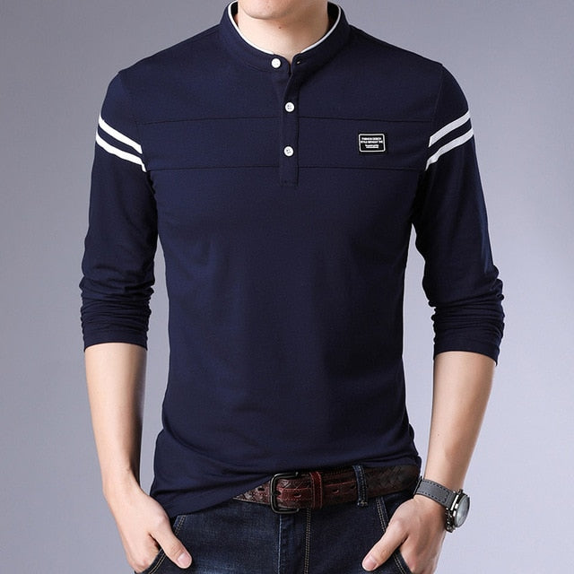 Korean Striped Slim Fit Long Sleeve Polo Shirt-men-wanahavit-Navy Blue-M-wanahavit