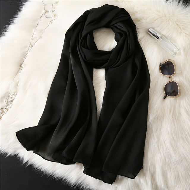 Fashion Silk Scarf Solid Color Bandana Shawl #FS-1-women-wanahavit-black-wanahavit