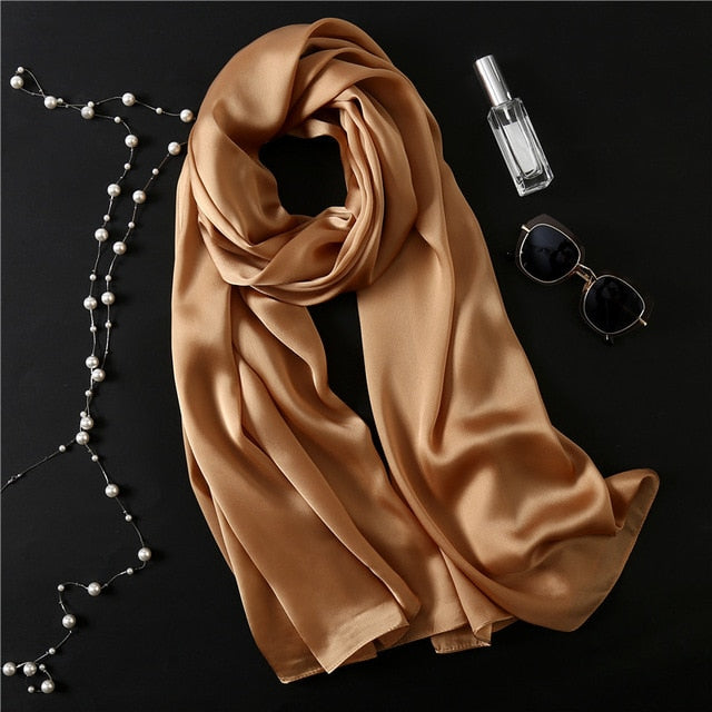 Fashion Silk Scarf Solid Color Bandana Shawl #FS-1-women-wanahavit-khaki-wanahavit