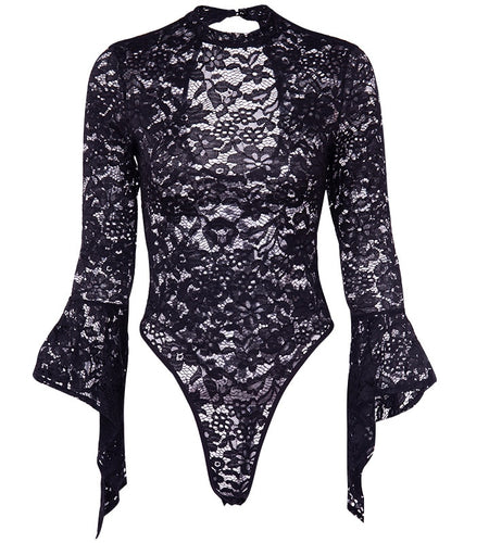 Gothic Flare Long Sleeve Bodysuit Lace Up Skirt-women-wanahavit-bodysuit-S-wanahavit