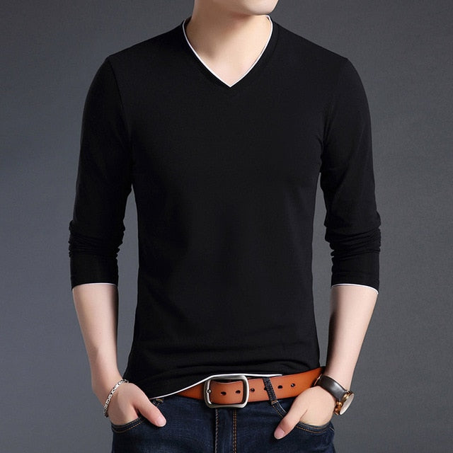 V Neck Street Style Slim Fit Solid Color Long Sleeve Shirt-men-wanahavit-Black-M-wanahavit