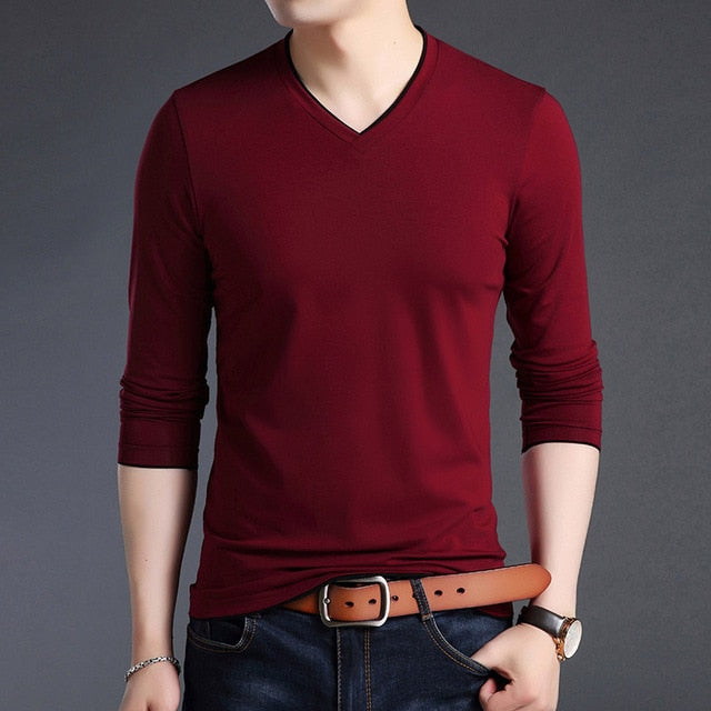 V Neck Street Style Slim Fit Solid Color Long Sleeve Shirt-men-wanahavit-Red-M-wanahavit