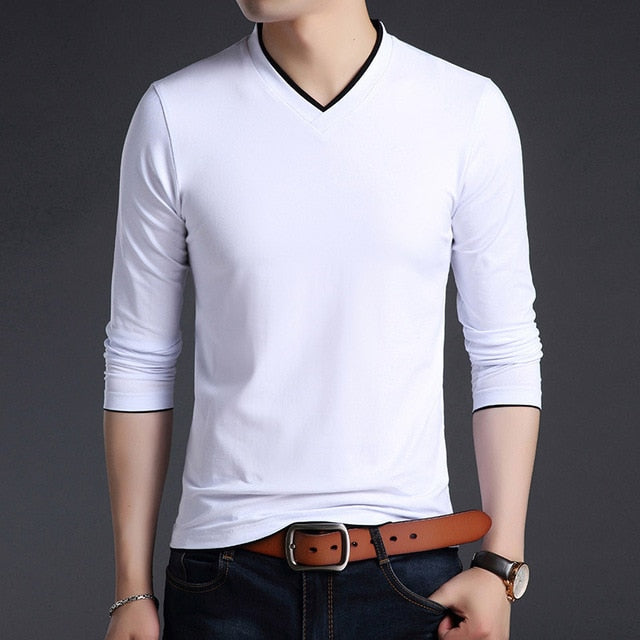 V Neck Street Style Slim Fit Solid Color Long Sleeve Shirt-men-wanahavit-White-M-wanahavit