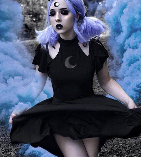 Moon Pattern Hollow Out Off Shoulder Short Sleeve Dress-women-wanahavit-black-S-wanahavit