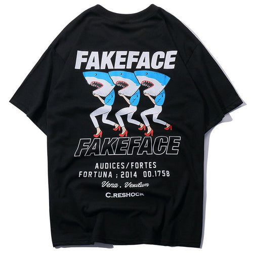 Load image into Gallery viewer, Fake Face Shark Printed Hip Hop Streetwear Loose Tees-unisex-wanahavit-Black-Asian M-wanahavit
