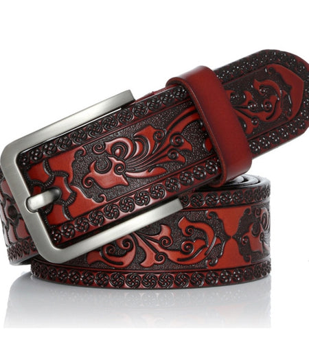 Genuine Leather Vintage Engrave Pin Buckle Belts-men-wanahavit-YH918 Red wine-100cm-wanahavit