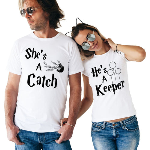 Load image into Gallery viewer, She&#39;s A Catch He&#39;s A Keeper Matching Couple Tees-unisex-wanahavit-FE02-FSTWH-S-wanahavit
