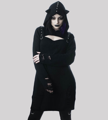 Gothic Rivet Hollow Out Hooded Demon Long Sleeve-women-wanahavit-black-L-wanahavit