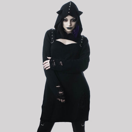 Gothic Rivet Hollow Out Hooded Demon Long Sleeve-women-wanahavit-black-S-wanahavit