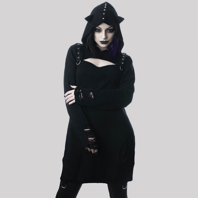 Gothic Rivet Hollow Out Hooded Demon Long Sleeve-women-wanahavit-black-L-wanahavit