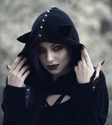 Gothic Rivet Hollow Out Hooded Demon Long Sleeve-women-wanahavit-black-S-wanahavit