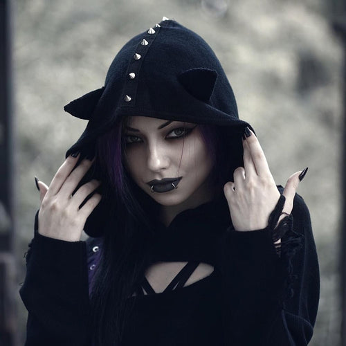 Load image into Gallery viewer, Gothic Rivet Hollow Out Hooded Demon Long Sleeve-women-wanahavit-black-S-wanahavit
