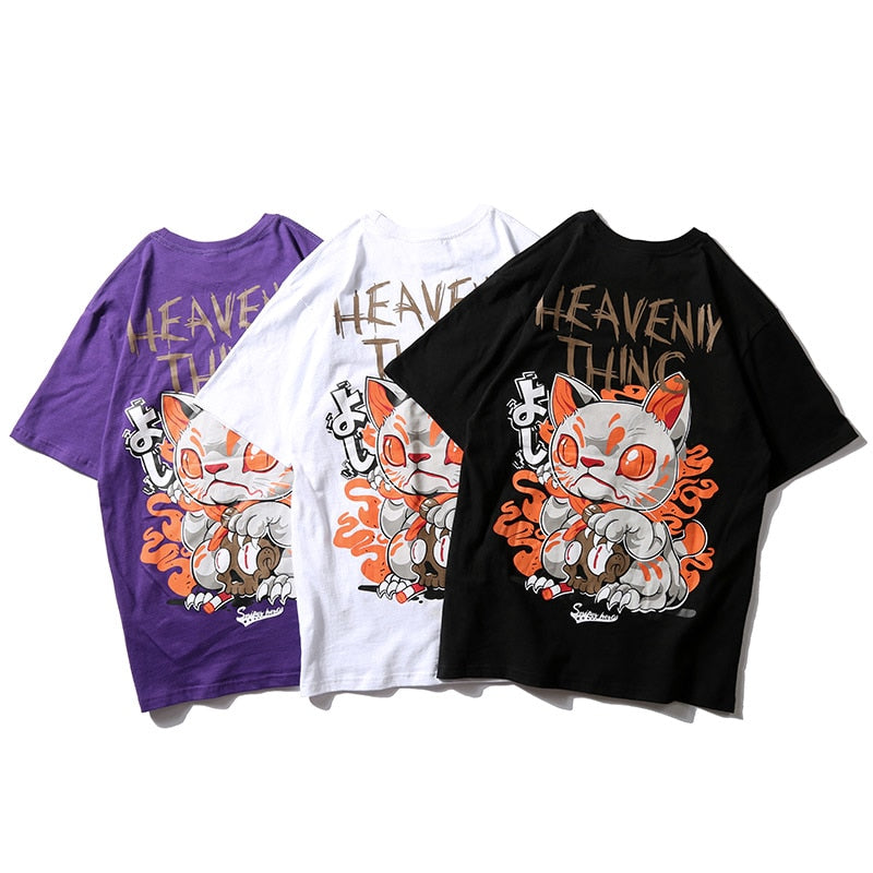 Heavenly Thing Cat Printed Hip Hop Streetwear Loose Tees-unisex-wanahavit-white-Asian M-wanahavit
