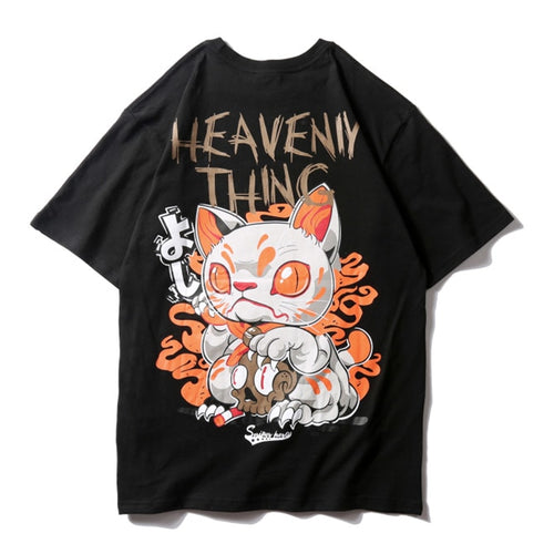 Load image into Gallery viewer, Heavenly Thing Cat Printed Hip Hop Streetwear Loose Tees-unisex-wanahavit-black-Asian M-wanahavit
