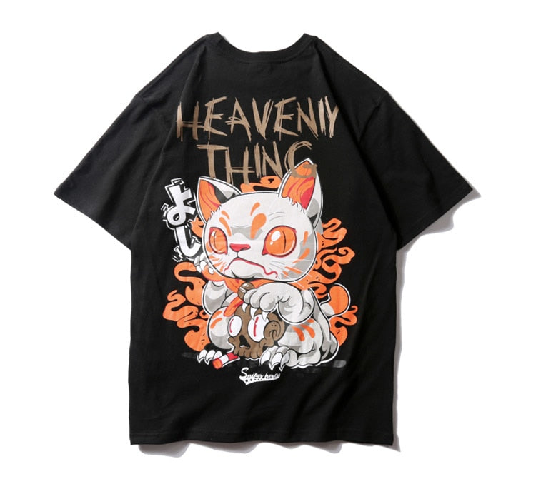 Heavenly Thing Cat Printed Hip Hop Streetwear Loose Tees-unisex-wanahavit-black-Asian M-wanahavit