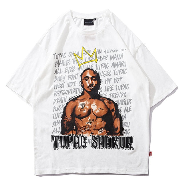 King Tupac Shakur Printed Hip Hop Streetwear Loose Tees-unisex-wanahavit-White-Asian XL-wanahavit