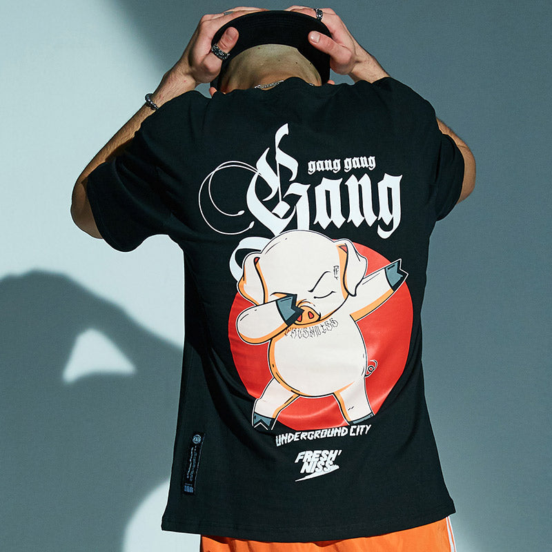 Gangster Pig Printed Hip Hop Streetwear Loose Tees-unisex-wanahavit-Black-Asian M-wanahavit
