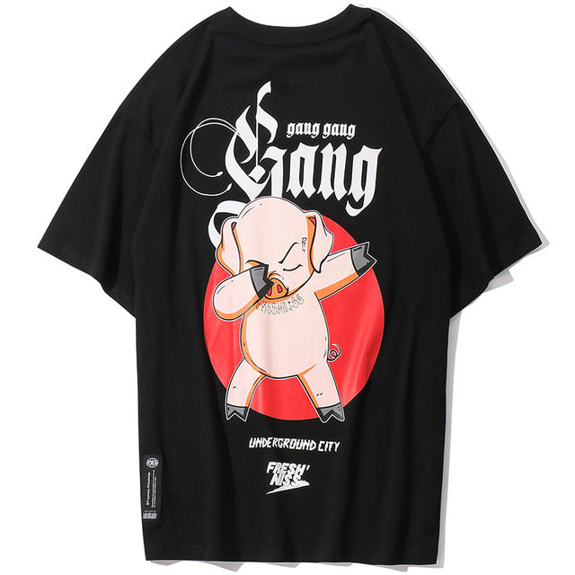 Gangster Pig Printed Hip Hop Streetwear Loose Tees-unisex-wanahavit-Black-Asian M-wanahavit