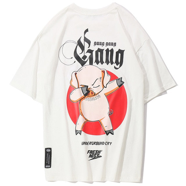 Gangster Pig Printed Hip Hop Streetwear Loose Tees-unisex-wanahavit-White-Asian M-wanahavit