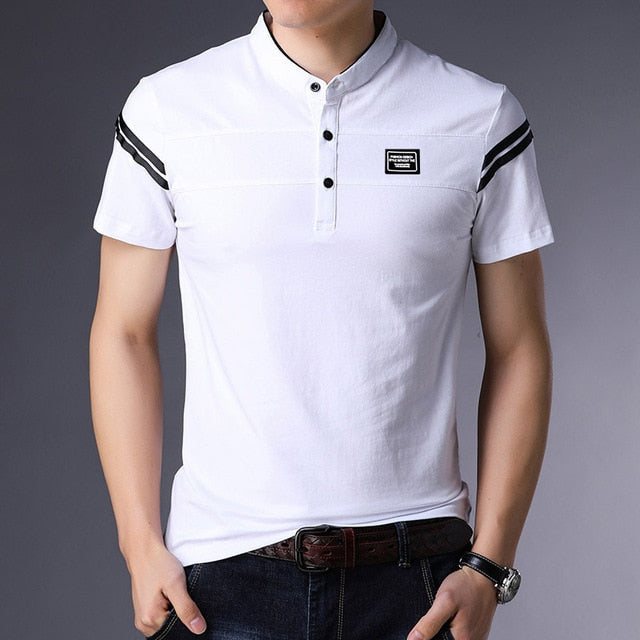 Korean Striped Short Sleeve Polo Shirt-men-wanahavit-White-M-wanahavit