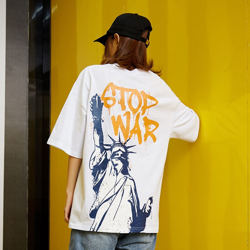 Stop War Printed Hip Hop Streetwear Loose Tees-unisex-wanahavit-White-Asian M-wanahavit