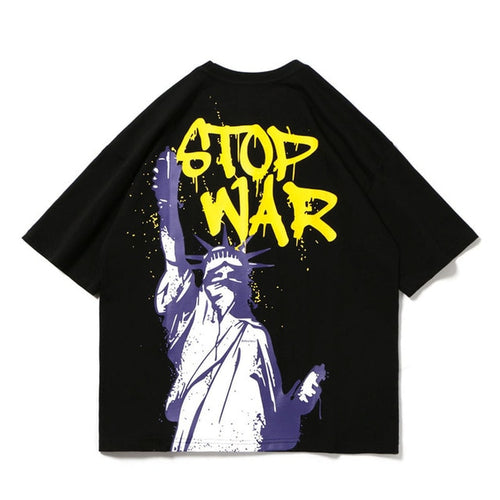 Load image into Gallery viewer, Stop War Printed Hip Hop Streetwear Loose Tees-unisex-wanahavit-Black-Asian M-wanahavit
