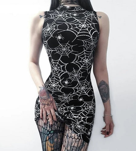 Sexy Spider Web Printed Bodycon Halter Dress-women-wanahavit-black-M-wanahavit