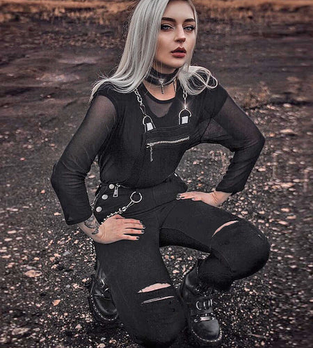 Handmade Hole Zipper Buckle Patchwork Jumpsuits-women-wanahavit-black-L-wanahavit