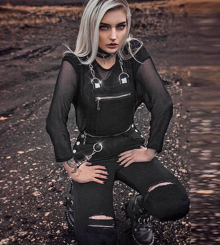 Handmade Hole Zipper Buckle Patchwork Jumpsuits-women-wanahavit-black-L-wanahavit