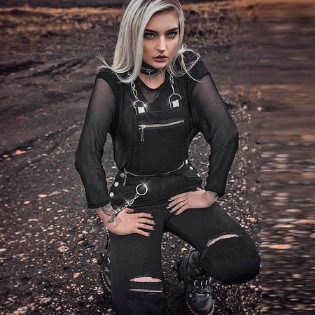 Handmade Hole Zipper Buckle Patchwork Jumpsuits-women-wanahavit-black-L-wanahavit