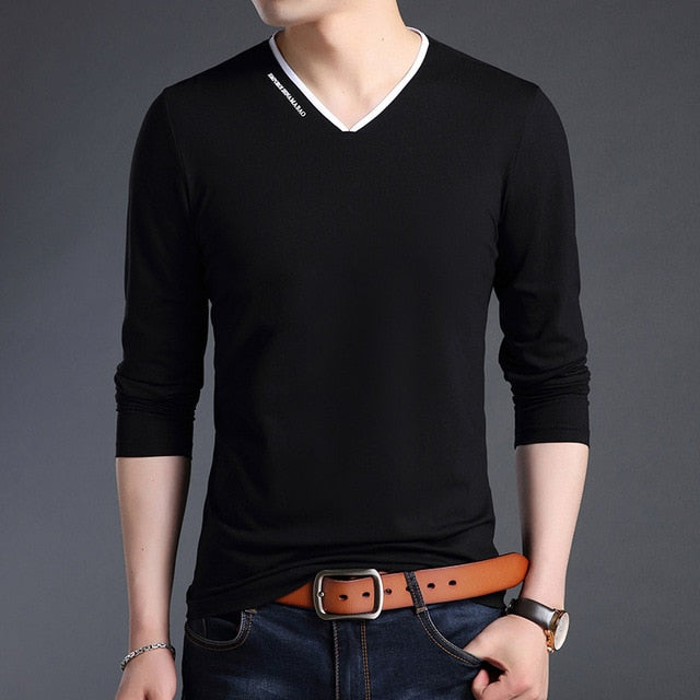 Mercerized V Neck Korean Trending Slim Fit Long Sleeve Shirt-men-wanahavit-Black-M-wanahavit