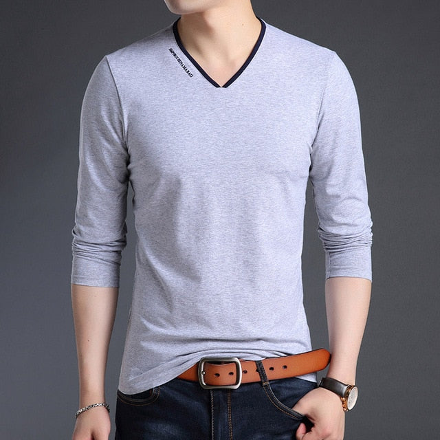 Mercerized V Neck Korean Trending Slim Fit Long Sleeve Shirt-men-wanahavit-Gray-M-wanahavit