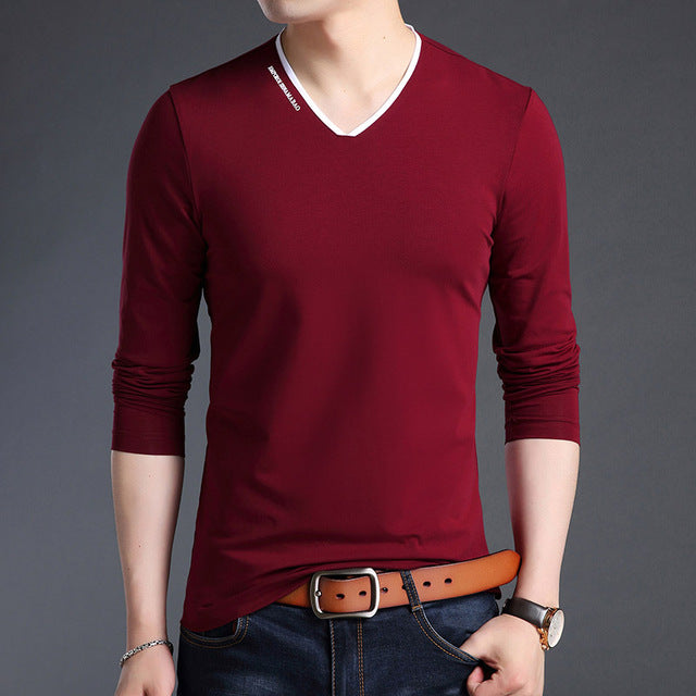 Mercerized V Neck Korean Trending Slim Fit Long Sleeve Shirt-men-wanahavit-Red-M-wanahavit