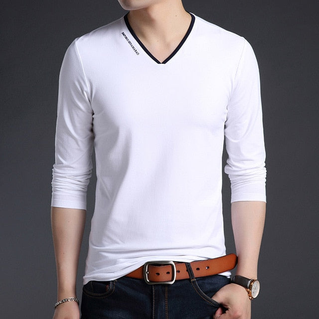 Mercerized V Neck Korean Trending Slim Fit Long Sleeve Shirt-men-wanahavit-White-M-wanahavit