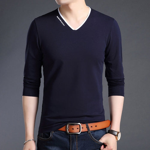 Load image into Gallery viewer, Mercerized V Neck Korean Trending Slim Fit Long Sleeve Shirt-men-wanahavit-Navy Blue-M-wanahavit
