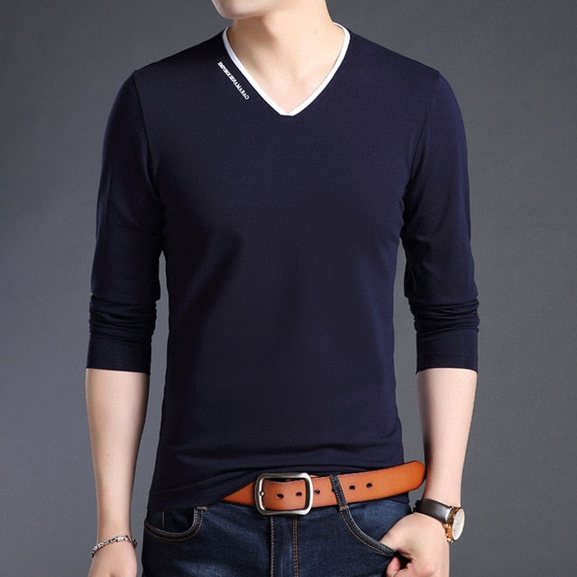 Mercerized V Neck Korean Trending Slim Fit Long Sleeve Shirt-men-wanahavit-Navy Blue-M-wanahavit