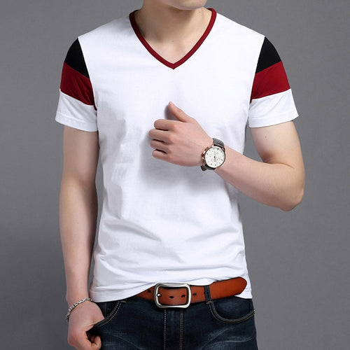 Load image into Gallery viewer, Three Color Striped V Neck Tees-men-wanahavit-White-M-wanahavit
