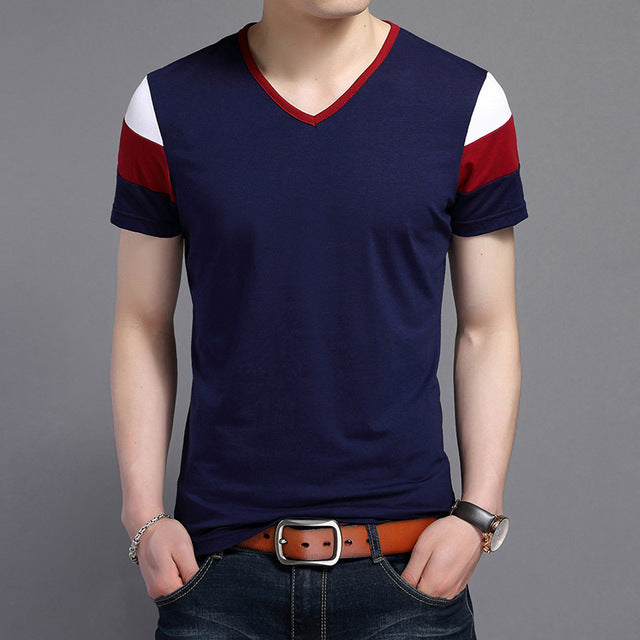 Three Color Striped V Neck Tees-men-wanahavit-Navy Blue-M-wanahavit