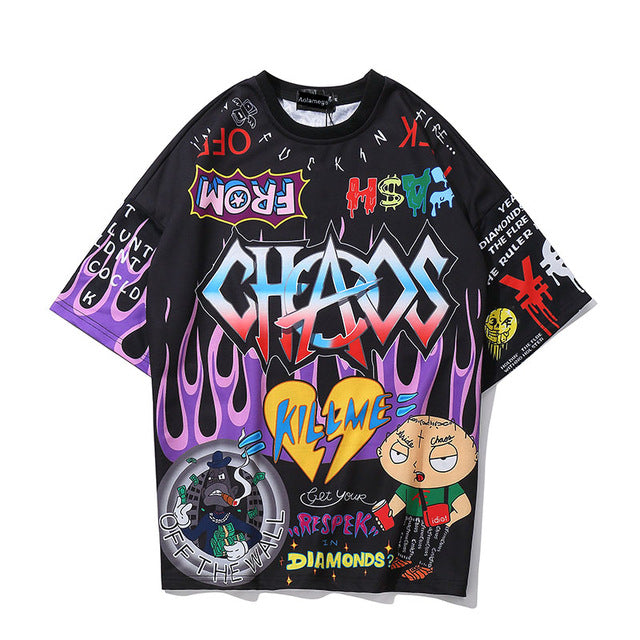 Chaos Cartoon Doodle Printed Hip Hop Streetwear Loose Tees-unisex-wanahavit-Black-Asian L-wanahavit