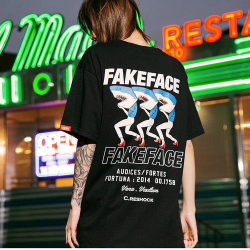 Load image into Gallery viewer, Fake Face Shark Printed Hip Hop Streetwear Loose Tees-unisex-wanahavit-Black-Asian M-wanahavit
