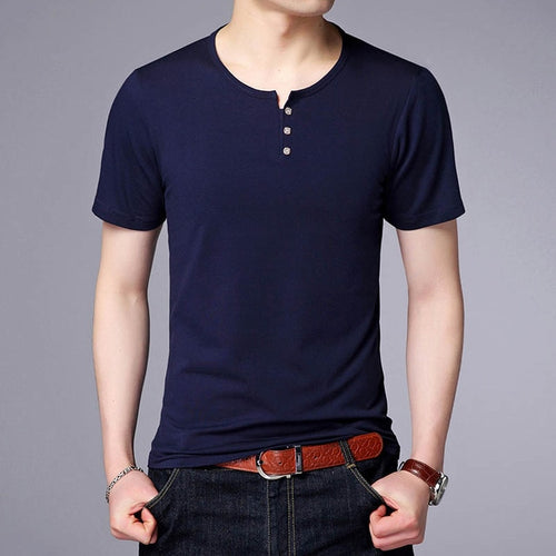Load image into Gallery viewer, Solid Color Trending O Neck Cotton Buttoned Tees-men-wanahavit-Navy Blue-M-wanahavit
