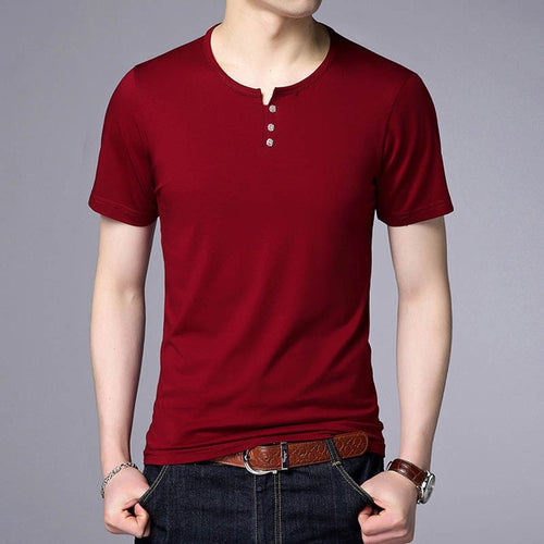 Load image into Gallery viewer, Solid Color Trending O Neck Cotton Buttoned Tees-men-wanahavit-Burgundy-M-wanahavit
