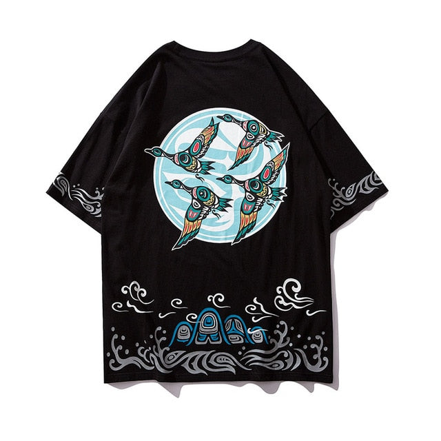 Mandala Swan Printed Hip Hop Streetwear Loose Tees-unisex-wanahavit-Black-Asian L-wanahavit