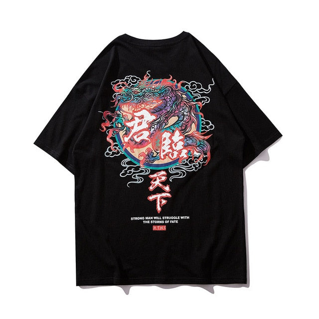 Chinese Dragon Printed Hip Hop Streetwear Loose Tees-unisex-wanahavit-Black-Asian L-wanahavit