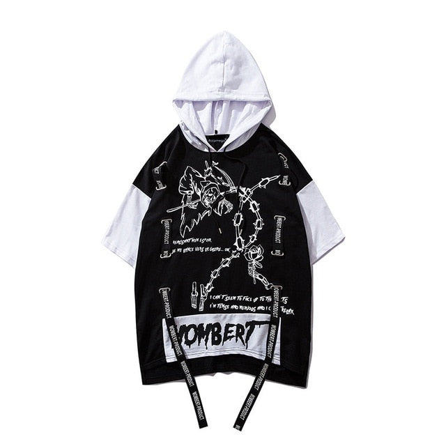 Strappy Printed Hip Hop Streetwear Loose Hooded Tees-unisex-wanahavit-Black-Asian L-wanahavit