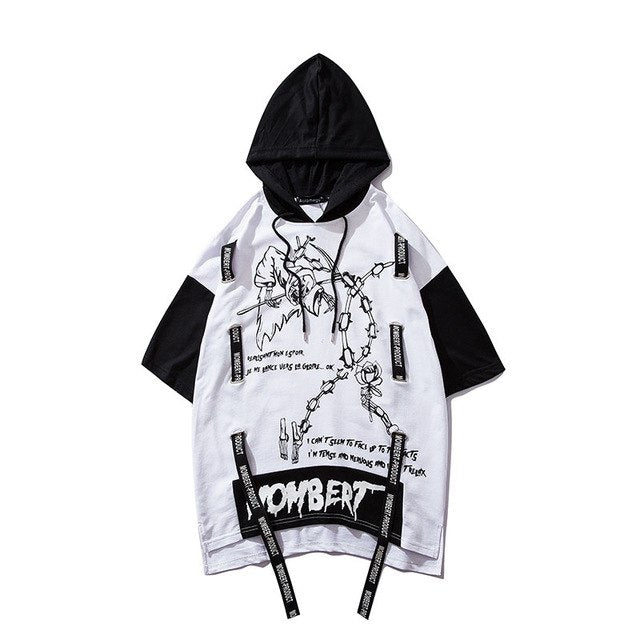 Strappy Printed Hip Hop Streetwear Loose Hooded Tees-unisex-wanahavit-White-Asian L-wanahavit