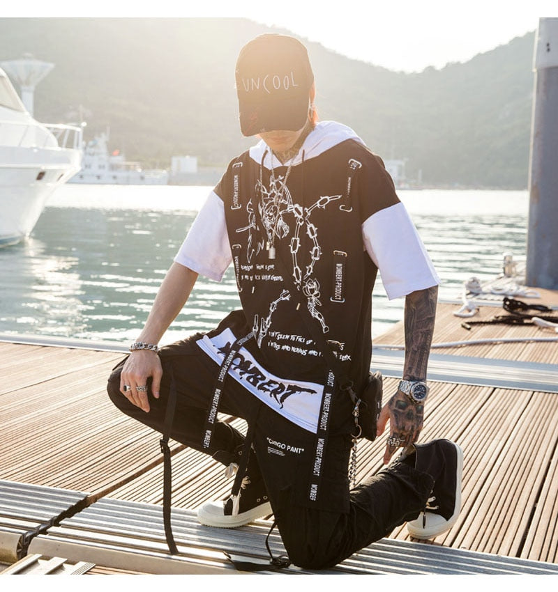 Strappy Printed Hip Hop Streetwear Loose Hooded Tees-unisex-wanahavit-Black-Asian L-wanahavit