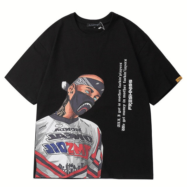 Masked Gangster Printed Hip Hop Streetwear Loose Tees-unisex-wanahavit-Black-Asian L-wanahavit