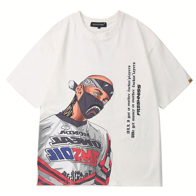 Masked Gangster Printed Hip Hop Streetwear Loose Tees-unisex-wanahavit-White-Asian L-wanahavit